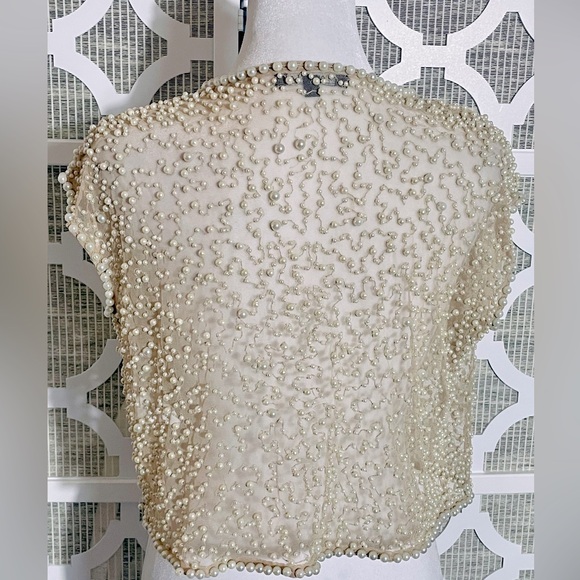 SHEER PEARL SHRUG BOLERO RETRO VINTAGE MARINA SMALL ILLUSION MESH LACE CREAM - Picture 7 of 16